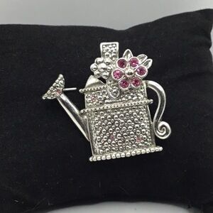 Vintage AAi Silver Watering Can Brooch Pink Crystals